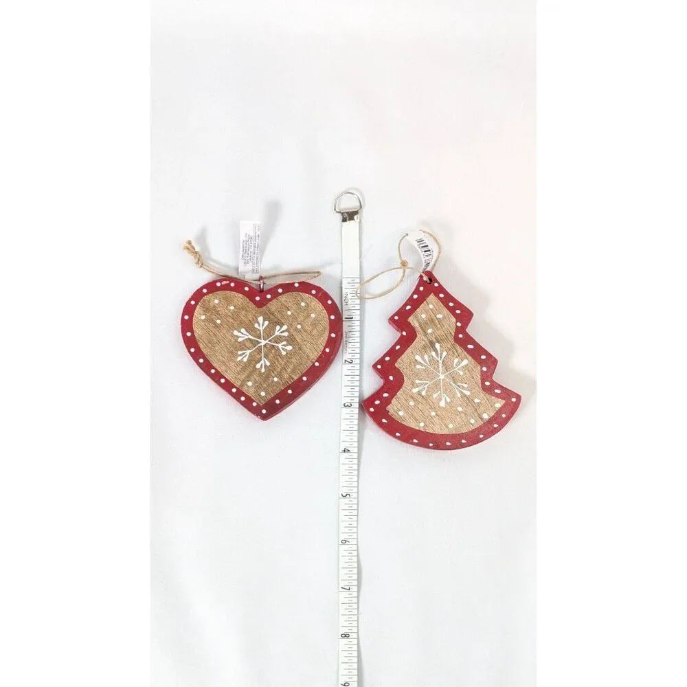 Christmas Ornaments Heart Tree Wood Hand Made Painted Rustic Cottage Farmhouse